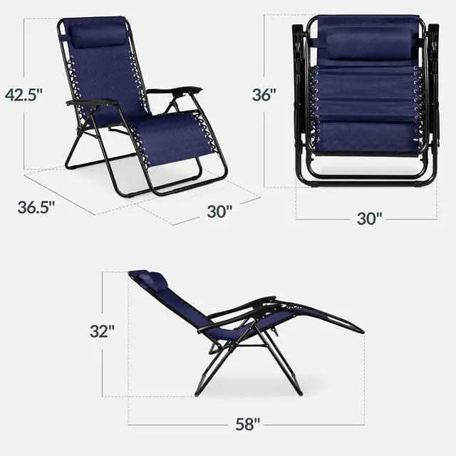 Alt view image 3 of 7 - Set of 2 Extra Wide Adjustable Steel Mesh Zero Gravity Lounge Chair Recliners w/Pillows and Cup Holder Trays - Navy