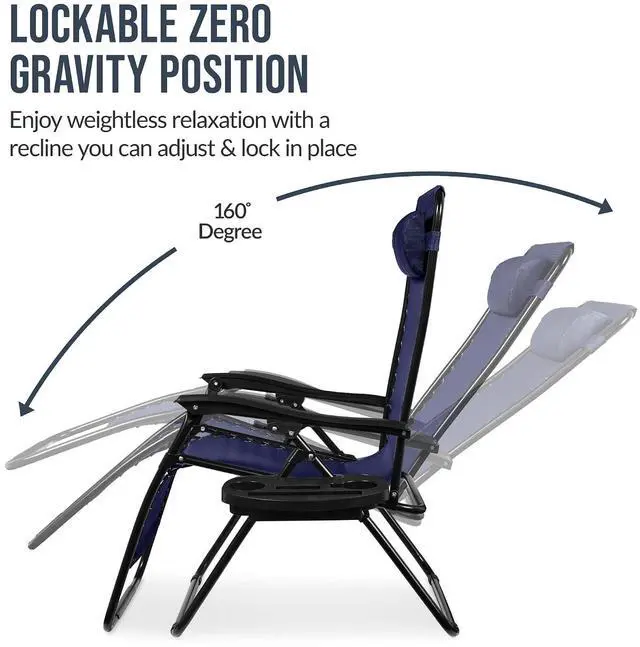 Alt view image 5 of 7 - Set of 2 Extra Wide Adjustable Steel Mesh Zero Gravity Lounge Chair Recliners w/Pillows and Cup Holder Trays - Navy
