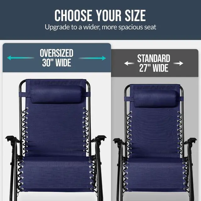 Alt view image 4 of 7 - Set of 2 Extra Wide Adjustable Steel Mesh Zero Gravity Lounge Chair Recliners w/Pillows and Cup Holder Trays - Navy