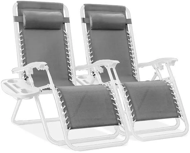 Main image of Set of 2 Adjustable Steel Mesh Zero Gravity Lounge Chair Recliners w/Pillows and Cup Holder Trays - Ice Gray/White