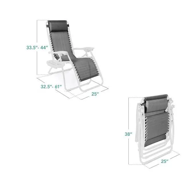 Alt view image 3 of 7 - Set of 2 Adjustable Steel Mesh Zero Gravity Lounge Chair Recliners w/Pillows and Cup Holder Trays - Ice Gray/White