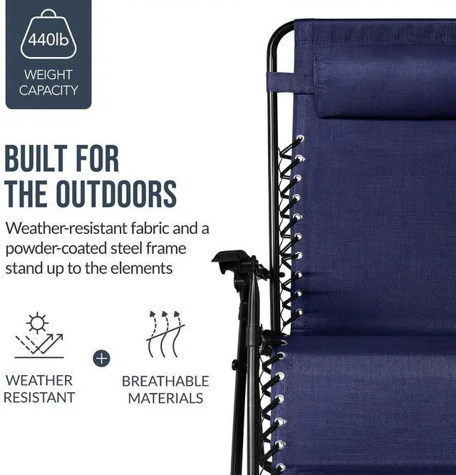 Alt view image 6 of 7 - Set of 2 Extra Wide Adjustable Steel Mesh Zero Gravity Lounge Chair Recliners w/Pillows and Cup Holder Trays - Navy