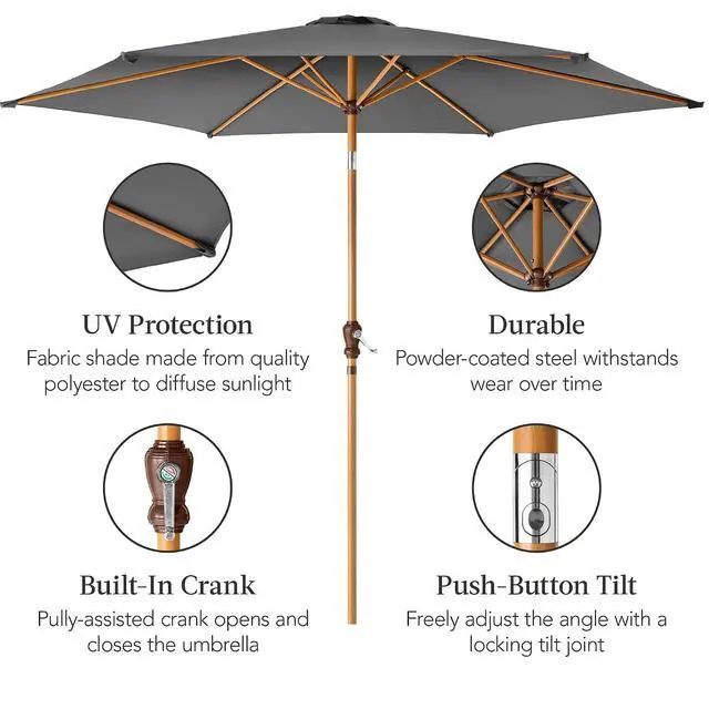 Alt view image 6 of 7 - 10ft Market Umbrella, Outdoor Sun Shade for Backyard, Deck, Poolside, Table w/Woodgrain Pattern, Easy Tilt & Crank - Gray