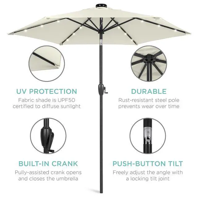 Alt view image 5 of 7 - 7.5ft Solar Umbrella LED Lighted Patio Umbrella, Table Market Umbrella with Tilt and Crank, Outdoor Umbrella for Garden, Deck, Backyard, Pool and Beach - Ivory