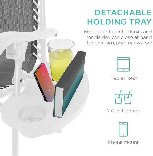 Alt view image 6 of 7 - Set of 2 Adjustable Steel Mesh Zero Gravity Lounge Chair Recliners w/Pillows and Cup Holder Trays - Ice Gray/White