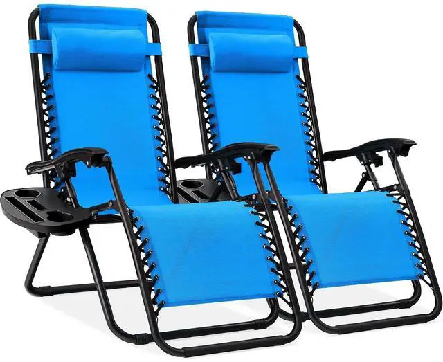 Main image of Set of 2 Adjustable Steel Mesh Zero Gravity Lounge Chair Recliners w/Pillows and Cup Holder Trays - Light Blue
