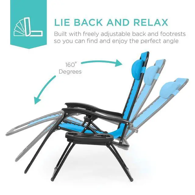 Alt view image 4 of 7 - Set of 2 Adjustable Steel Mesh Zero Gravity Lounge Chair Recliners w/Pillows and Cup Holder Trays - Light Blue