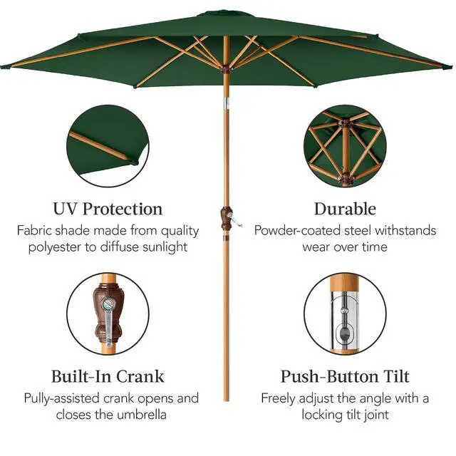Alt view image 6 of 7 - 10ft Market Umbrella, Outdoor Sun Shade for Backyard, Deck, Poolside, Table w/Woodgrain Pattern, Easy Tilt & Crank - Green