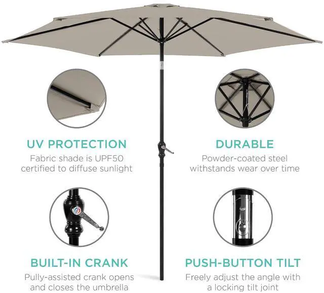 Alt view image 5 of 7 - 10ft Outdoor Patio Umbrella, Outdoor Table Umbrella, Yard Umbrella, Market Umbrella with 6 Sturdy Ribs, Push Button, Tilt and Crank - Beige