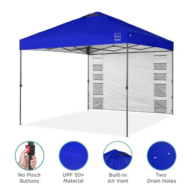 Alt view image 4 of 7 - 10x10ft Pop Up Canopy Tent with Sidewall, 1 Person 1 Minute Set Up, Carry Case, 4 Weight Bags - Resort Blue