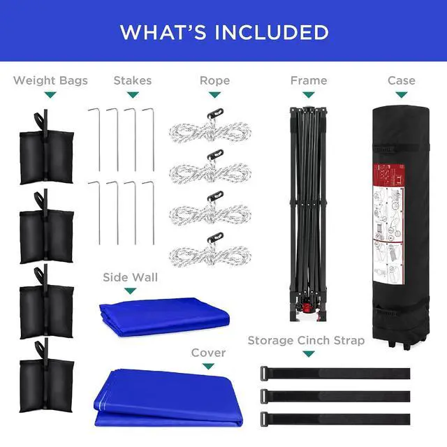 Alt view image 7 of 7 - 10x10ft Pop Up Canopy Tent with Sidewall, 1 Person 1 Minute Set Up, Carry Case, 4 Weight Bags - Resort Blue