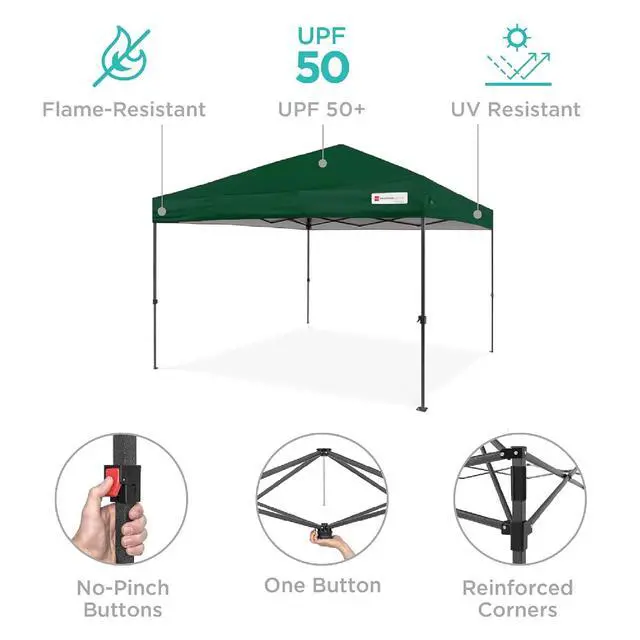 Alt view image 4 of 7 - 10x10ft Pop Up Canopy Tent, Outdoor Shade, 1 Person 1 Minute Set Up, Carry Case, 4 Weight Bags - Forest Green