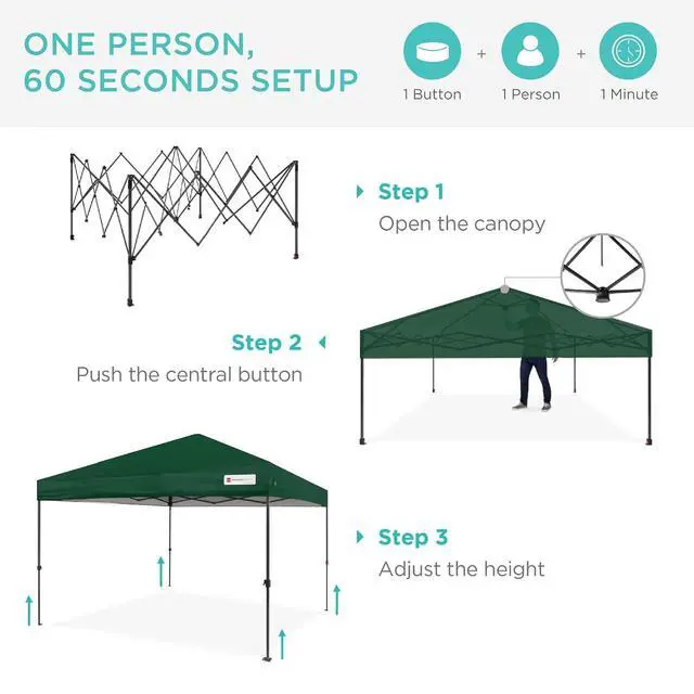 Alt view image 2 of 7 - 10x10ft Pop Up Canopy Tent, Outdoor Shade, 1 Person 1 Minute Set Up, Carry Case, 4 Weight Bags - Forest Green