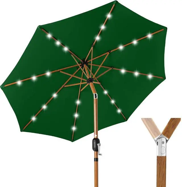 Main image of 10ft Solar Market Patio Umbrella w/Woodgrain Pattern Pole, LED Lights, Tilt & Crank - Outdoor Sun Shade for Backyard Table, Deck, Poolside - Green