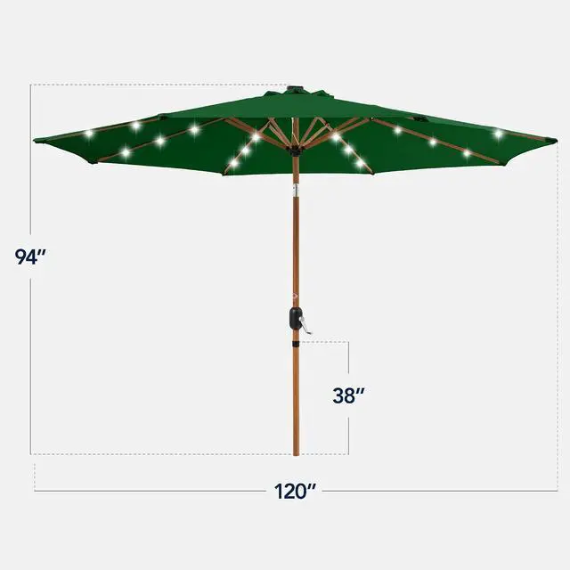 Alt view image 2 of 7 - 10ft Solar Market Patio Umbrella w/Woodgrain Pattern Pole, LED Lights, Tilt & Crank - Outdoor Sun Shade for Backyard Table, Deck, Poolside - Green