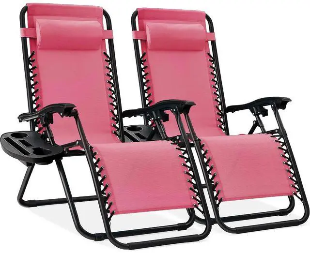 Main image of Set of 2 Adjustable Steel Mesh Zero Gravity Lounge Chair Recliners w/Pillows and Cup Holder Trays - Pink