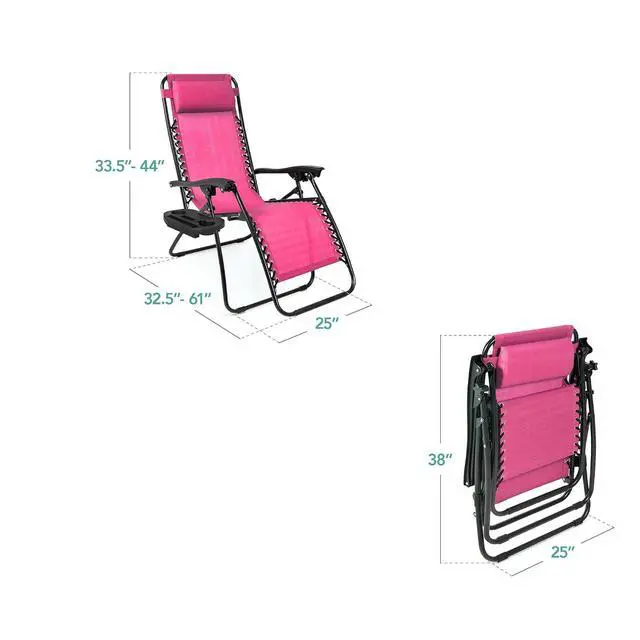 Alt view image 3 of 7 - Set of 2 Adjustable Steel Mesh Zero Gravity Lounge Chair Recliners w/Pillows and Cup Holder Trays - Pink