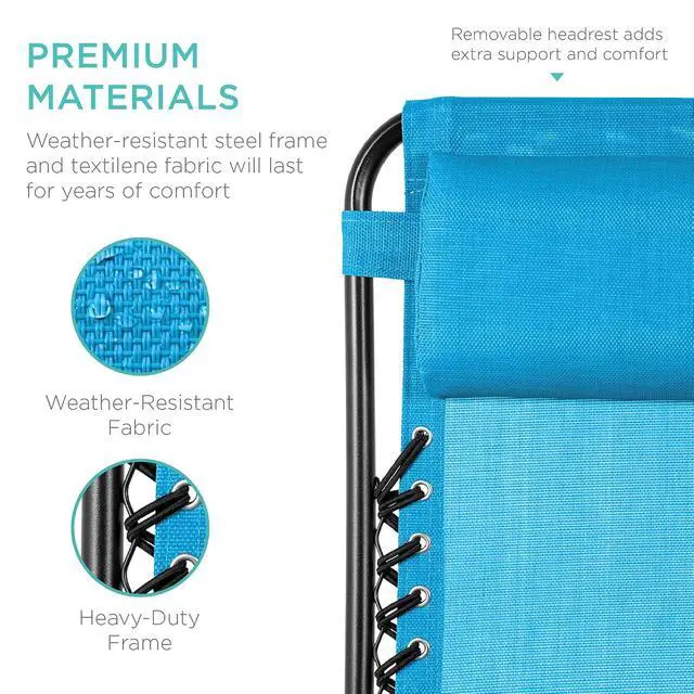 Alt view image 7 of 7 - Set of 2 Adjustable Steel Mesh Zero Gravity Lounge Chair Recliners w/Pillows and Cup Holder Trays - Light Blue