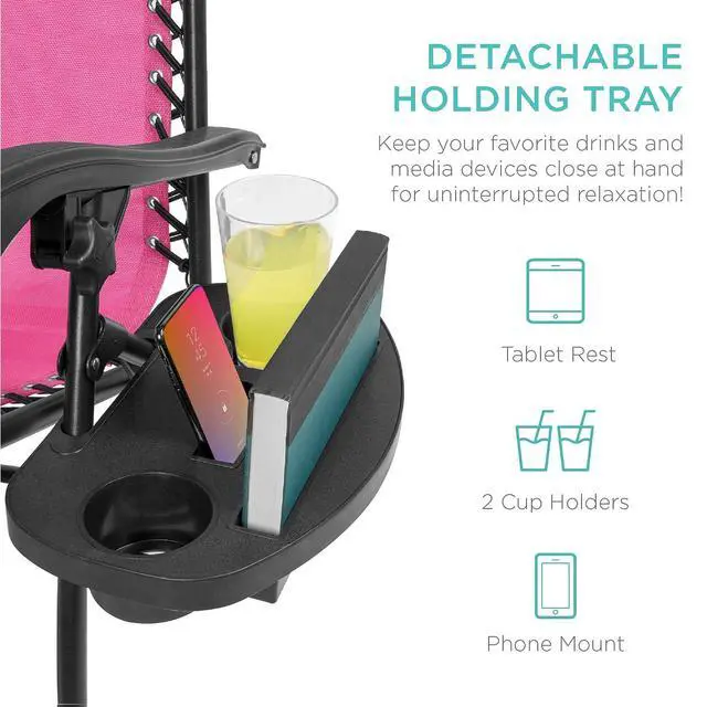 Alt view image 6 of 7 - Set of 2 Adjustable Steel Mesh Zero Gravity Lounge Chair Recliners w/Pillows and Cup Holder Trays - Pink