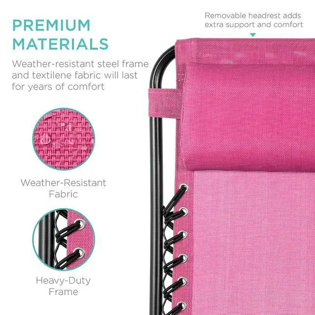 Alt view image 7 of 7 - Set of 2 Adjustable Steel Mesh Zero Gravity Lounge Chair Recliners w/Pillows and Cup Holder Trays - Pink