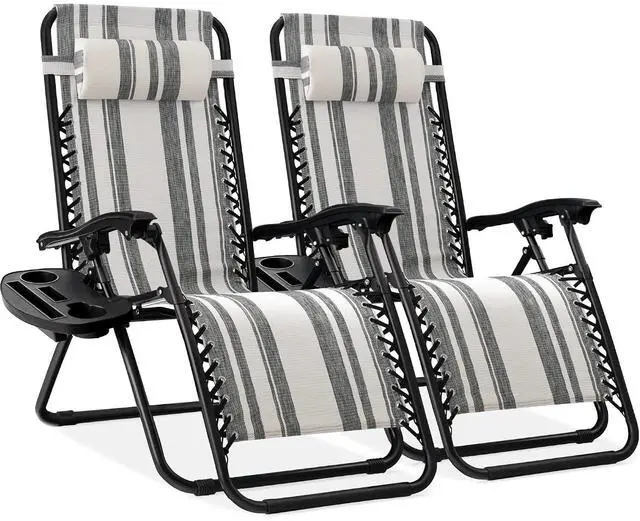Main image of Set of 2 Adjustable Steel Mesh Zero Gravity Lounge Chair Recliners w/Pillows and Cup Holder Trays - Gray Stripes