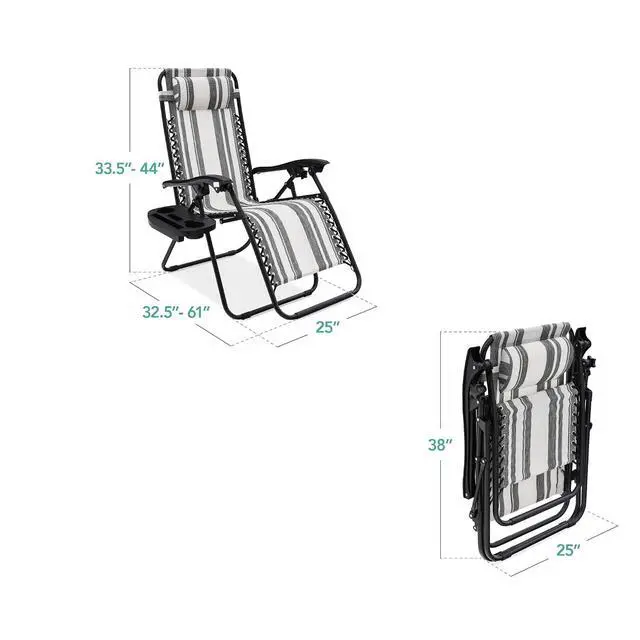 Alt view image 3 of 7 - Set of 2 Adjustable Steel Mesh Zero Gravity Lounge Chair Recliners w/Pillows and Cup Holder Trays - Gray Stripes
