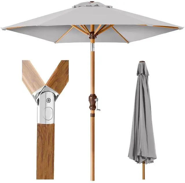 Main image of 10ft Market Umbrella, Outdoor Sun Shade for Backyard, Deck, Poolside, Table w/Woodgrain Pattern, Easy Tilt & Crank - Fog Gray