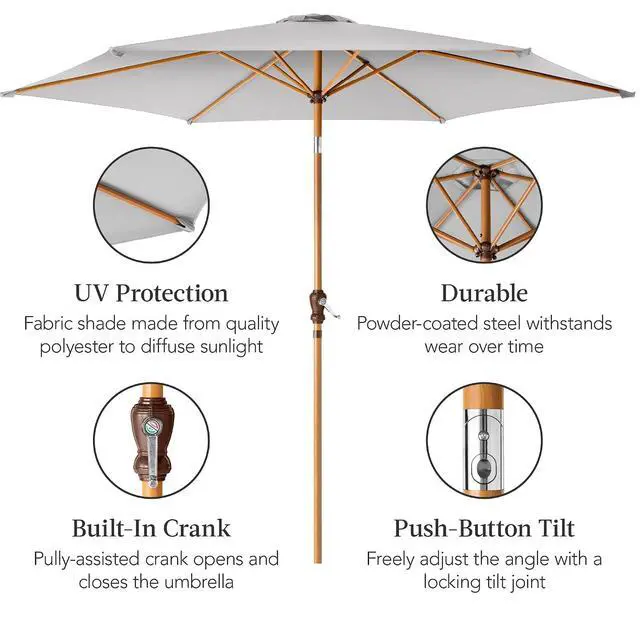 Alt view image 6 of 7 - 10ft Market Umbrella, Outdoor Sun Shade for Backyard, Deck, Poolside, Table w/Woodgrain Pattern, Easy Tilt & Crank - Fog Gray