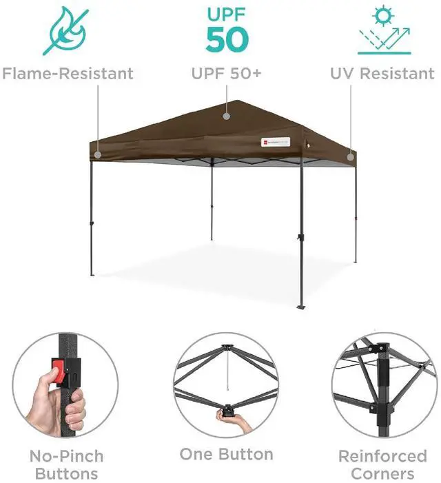 Alt view image 4 of 7 - 10x10ft Pop Up Canopy Tent, Outdoor Shade, 1 Person 1 Minute Set Up, Carry Case, 4 Weight Bags - Brown