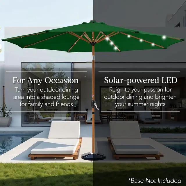 Alt view image 4 of 7 - 10ft Solar Market Patio Umbrella w/Woodgrain Pattern Pole, LED Lights, Tilt & Crank - Outdoor Sun Shade for Backyard Table, Deck, Poolside - Green