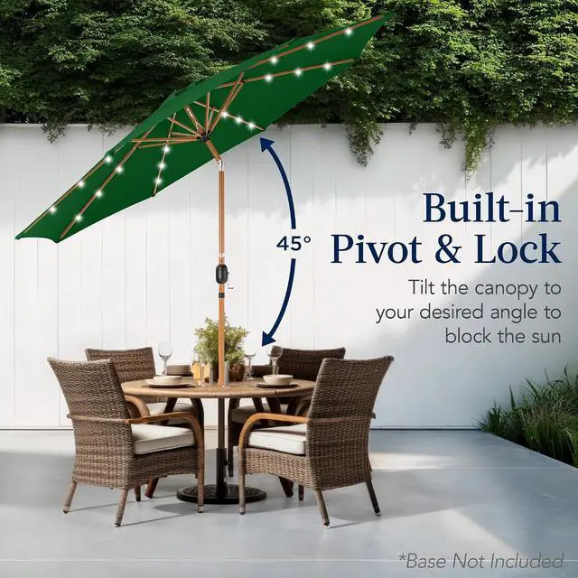 Alt view image 5 of 7 - 10ft Solar Market Patio Umbrella w/Woodgrain Pattern Pole, LED Lights, Tilt & Crank - Outdoor Sun Shade for Backyard Table, Deck, Poolside - Green