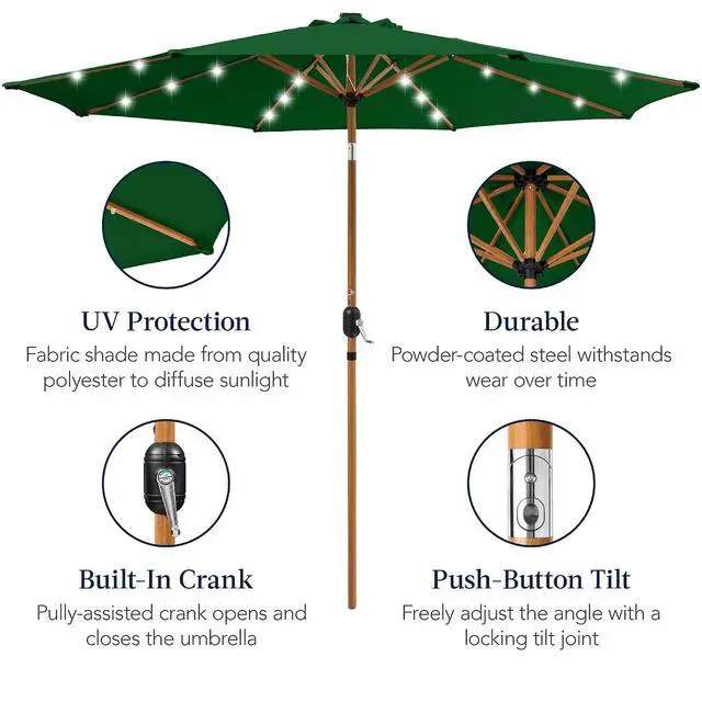 Alt view image 6 of 7 - 10ft Solar Market Patio Umbrella w/Woodgrain Pattern Pole, LED Lights, Tilt & Crank - Outdoor Sun Shade for Backyard Table, Deck, Poolside - Green