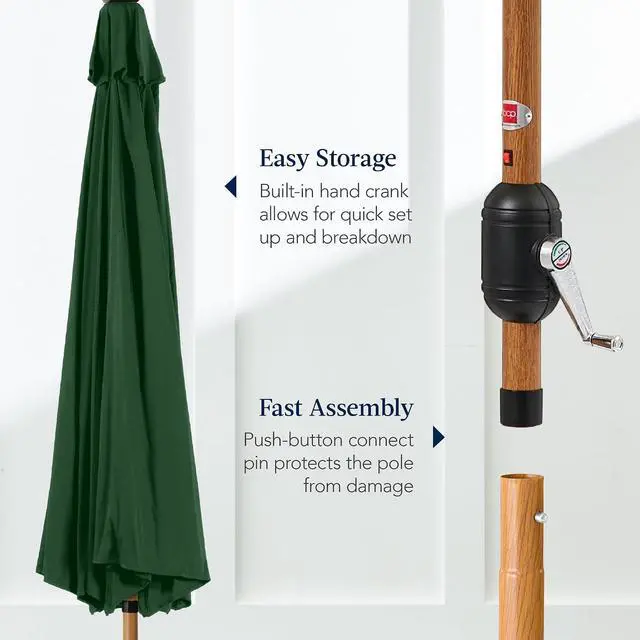 Alt view image 7 of 7 - 10ft Solar Market Patio Umbrella w/Woodgrain Pattern Pole, LED Lights, Tilt & Crank - Outdoor Sun Shade for Backyard Table, Deck, Poolside - Green