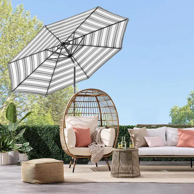 Alt view image 2 of 7 - 10ft Solar Polyester LED Lighted Patio Umbrella w/Tilt Adjustment and UV-Resistant Fabric - Striped Black