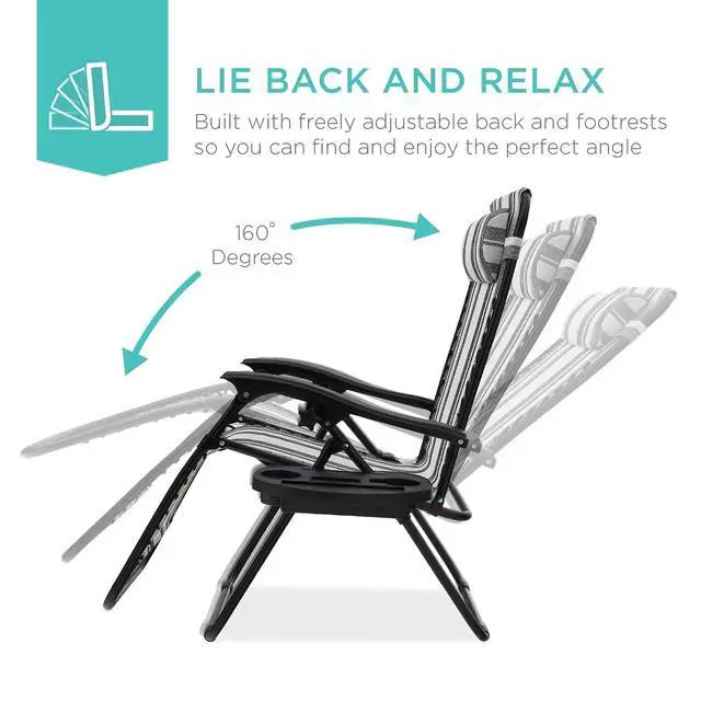 Alt view image 4 of 7 - Set of 2 Adjustable Steel Mesh Zero Gravity Lounge Chair Recliners w/Pillows and Cup Holder Trays - Gray Stripes