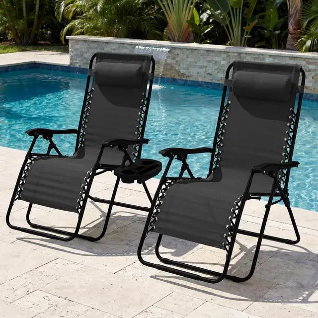Alt view image 2 of 7 - Set of 2 Extra Wide Adjustable Steel Mesh Zero Gravity Lounge Chair Recliners w/Pillows and Cup Holder Trays - Black