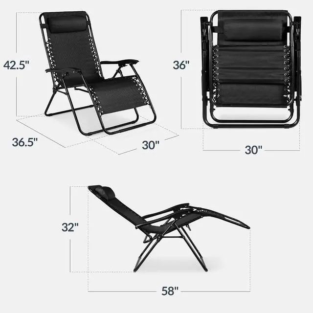 Alt view image 3 of 7 - Set of 2 Extra Wide Adjustable Steel Mesh Zero Gravity Lounge Chair Recliners w/Pillows and Cup Holder Trays - Black