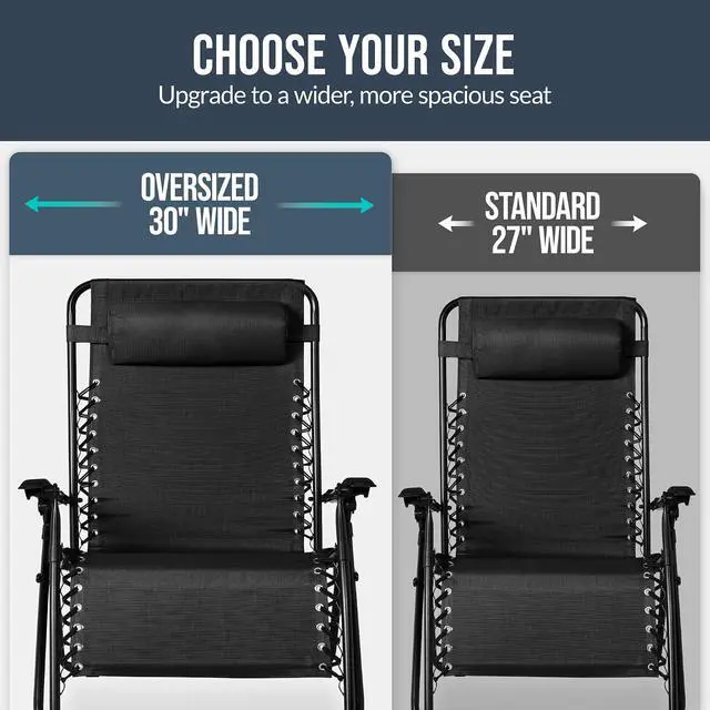 Alt view image 4 of 7 - Set of 2 Extra Wide Adjustable Steel Mesh Zero Gravity Lounge Chair Recliners w/Pillows and Cup Holder Trays - Black