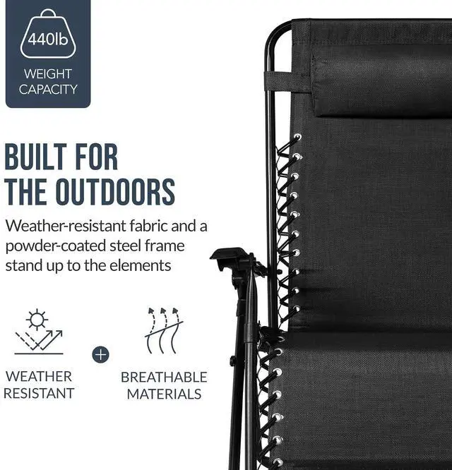 Alt view image 6 of 7 - Set of 2 Extra Wide Adjustable Steel Mesh Zero Gravity Lounge Chair Recliners w/Pillows and Cup Holder Trays - Black