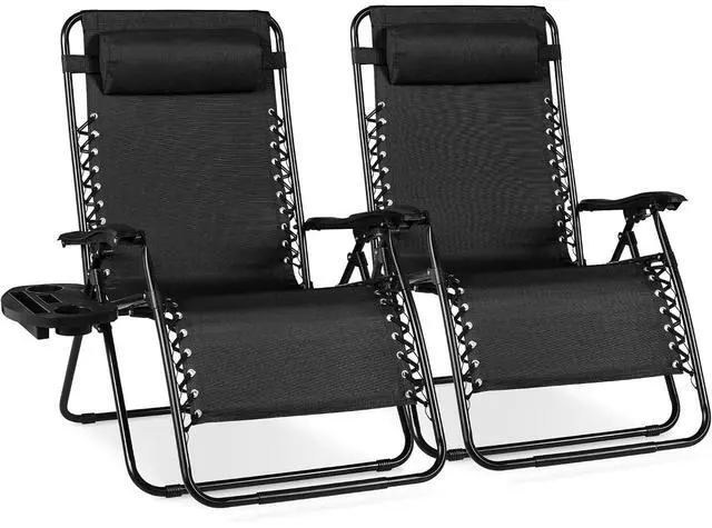 Main image of Set of 2 Extra Wide Adjustable Steel Mesh Zero Gravity Lounge Chair Recliners w/Pillows and Cup Holder Trays - Black