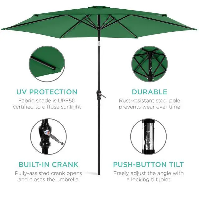 Alt view image 5 of 7 - 10ft Outdoor Patio Umbrella, Outdoor Table Umbrella, Yard Umbrella, Market Umbrella with 6 Sturdy Ribs, Push Button, Tilt and Crank - Green