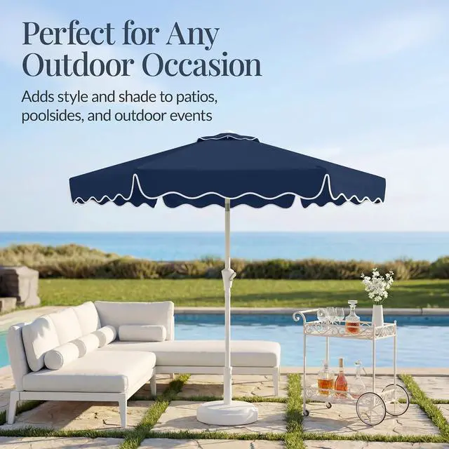 Alt view image 5 of 7 - 7.5ft Patio Market Umbrella with Wavy Trim, UV-Fade-Resistant 210g Canopy, Crank & Tilt, Wind Vent, Heavy-Duty Frame - Navy Blue