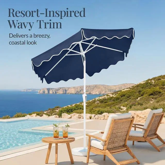 Alt view image 3 of 7 - 7.5ft Patio Market Umbrella with Wavy Trim, UV-Fade-Resistant 210g Canopy, Crank & Tilt, Wind Vent, Heavy-Duty Frame - Navy Blue