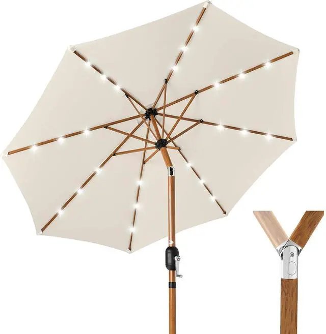 Main image of 10ft Solar Market Patio Umbrella w/Woodgrain Pattern Pole, LED Lights, Tilt & Crank - Outdoor Sun Shade for Backyard Table, Deck, Poolside - Ivory