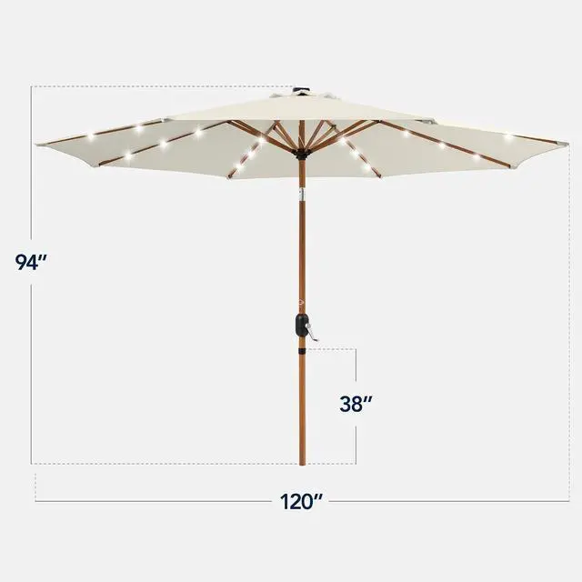 Alt view image 2 of 7 - 10ft Solar Market Patio Umbrella w/Woodgrain Pattern Pole, LED Lights, Tilt & Crank - Outdoor Sun Shade for Backyard Table, Deck, Poolside - Ivory