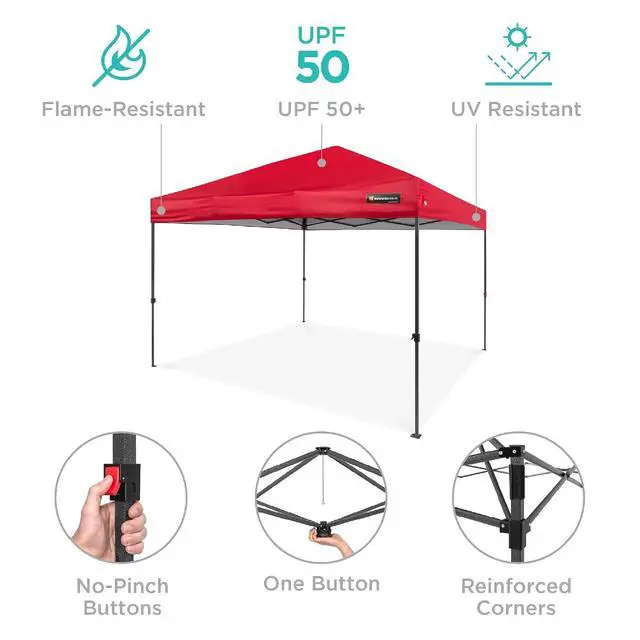 Alt view image 4 of 7 - 10x10ft Pop Up Canopy Tent, Outdoor Shade, 1 Person 1 Minute Set Up, Carry Case, 4 Weight Bags - Red