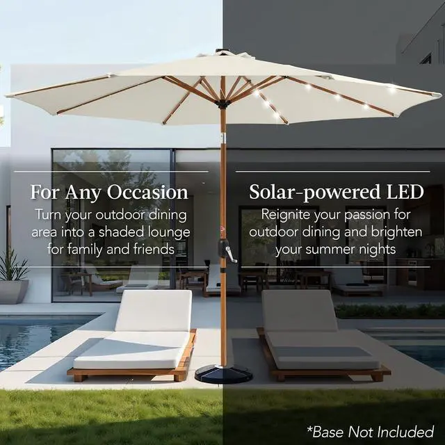 Alt view image 4 of 7 - 10ft Solar Market Patio Umbrella w/Woodgrain Pattern Pole, LED Lights, Tilt & Crank - Outdoor Sun Shade for Backyard Table, Deck, Poolside - Ivory