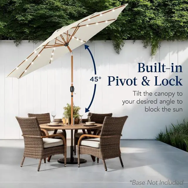Alt view image 5 of 7 - 10ft Solar Market Patio Umbrella w/Woodgrain Pattern Pole, LED Lights, Tilt & Crank - Outdoor Sun Shade for Backyard Table, Deck, Poolside - Ivory