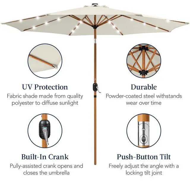 Alt view image 6 of 7 - 10ft Solar Market Patio Umbrella w/Woodgrain Pattern Pole, LED Lights, Tilt & Crank - Outdoor Sun Shade for Backyard Table, Deck, Poolside - Ivory