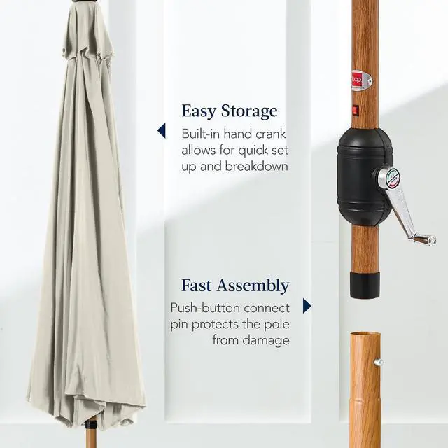 Alt view image 7 of 7 - 10ft Solar Market Patio Umbrella w/Woodgrain Pattern Pole, LED Lights, Tilt & Crank - Outdoor Sun Shade for Backyard Table, Deck, Poolside - Ivory